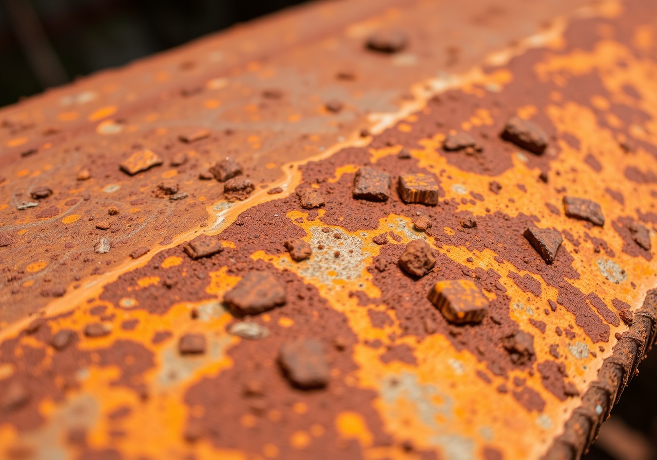 Close-up of heavy orange-brown rust corrosion flaking off a weathered steel plate, showing layered oxidation and pitted metal beneath
